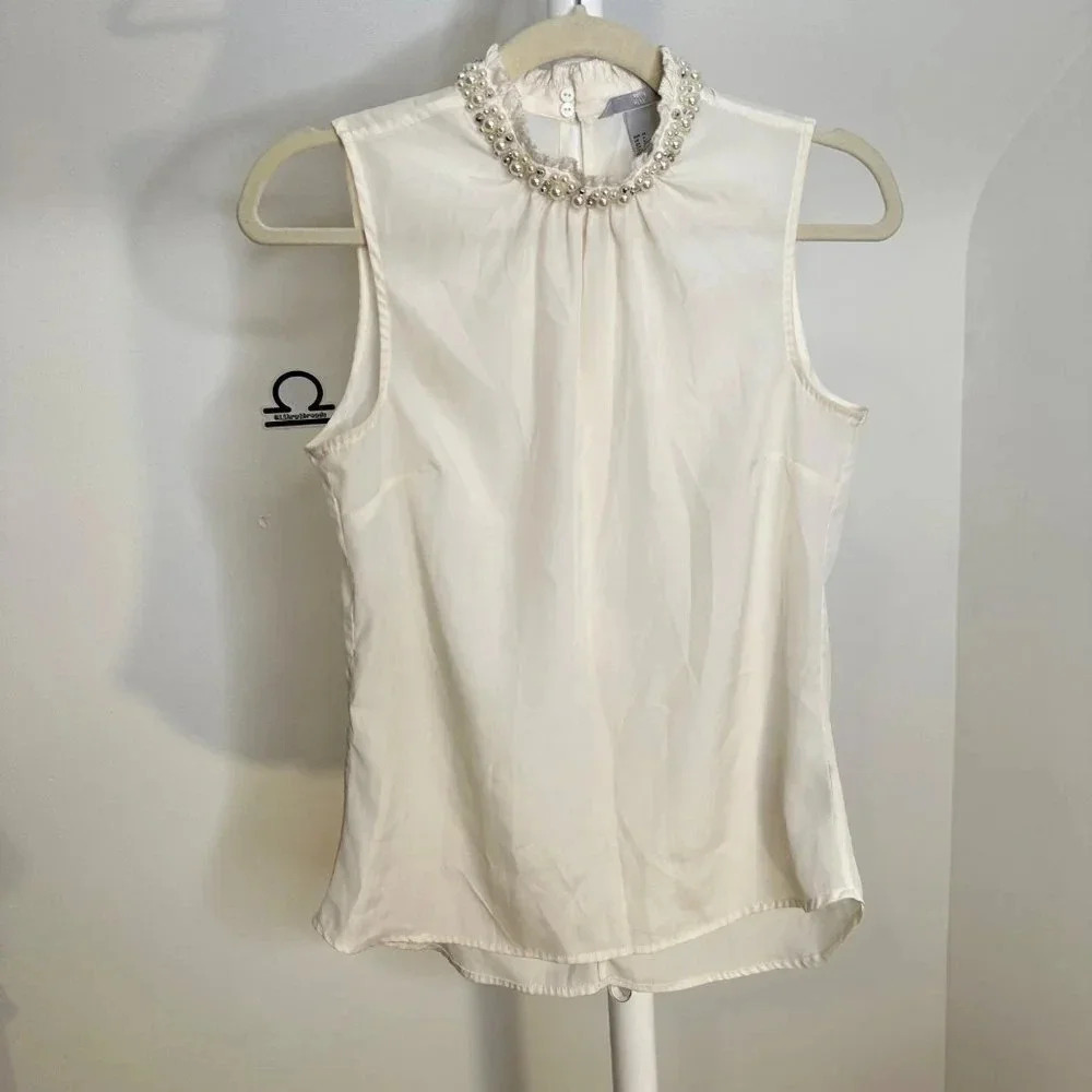 H&M High Neck Beaded Sleeveless Ivory‎ Blouse 4